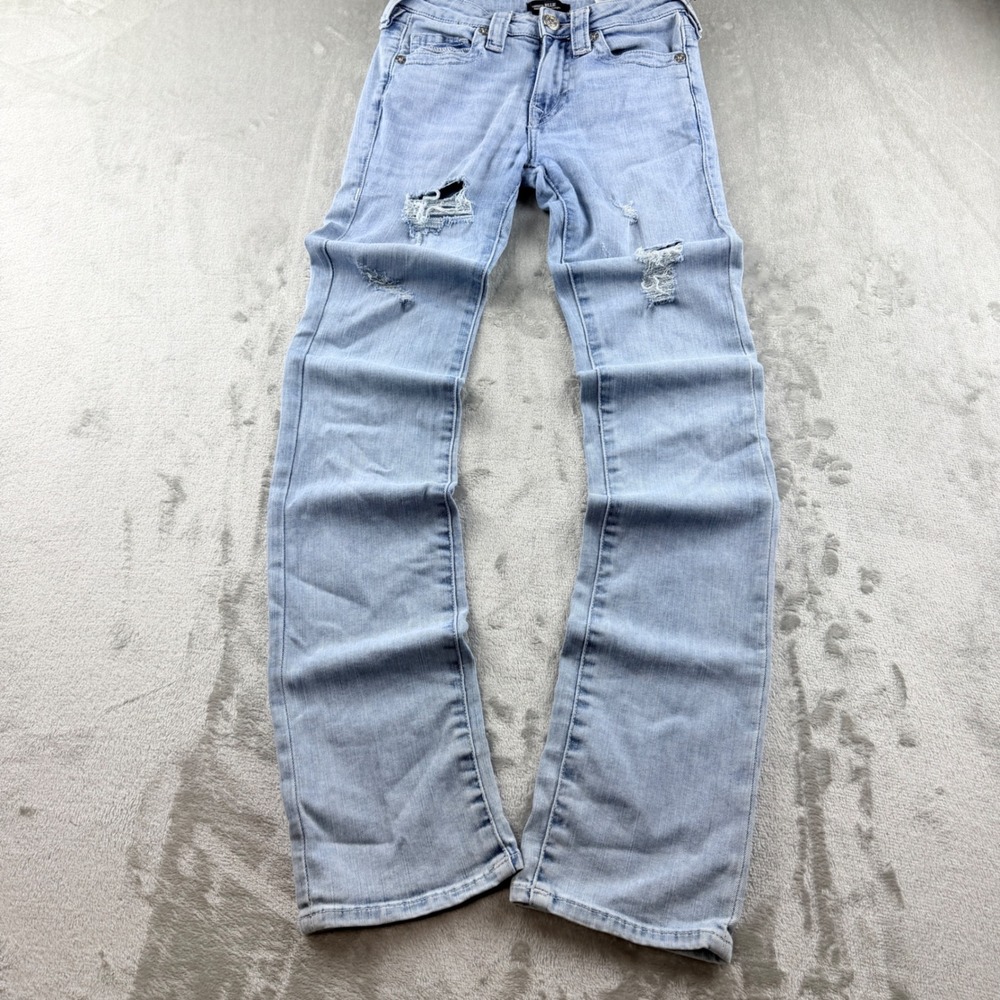 True Religion Billie Women's 24 Mid Rise Straight Jeans Light Wash Distressed
